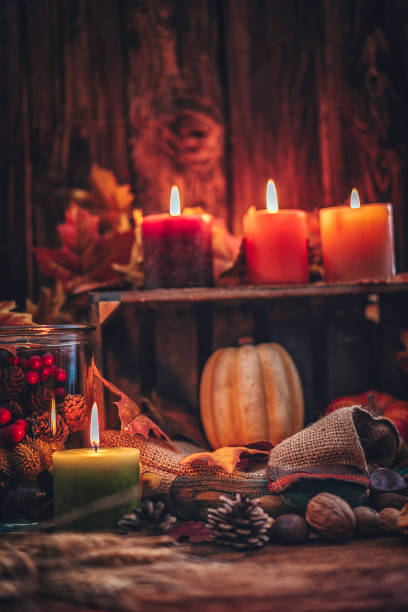 istock Autumn Decoration Background with Candles, Pumpkins, Leafs and Nuts 856981032