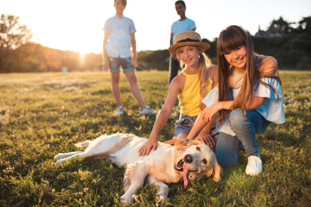 istock teenagers with dog in park 856981410