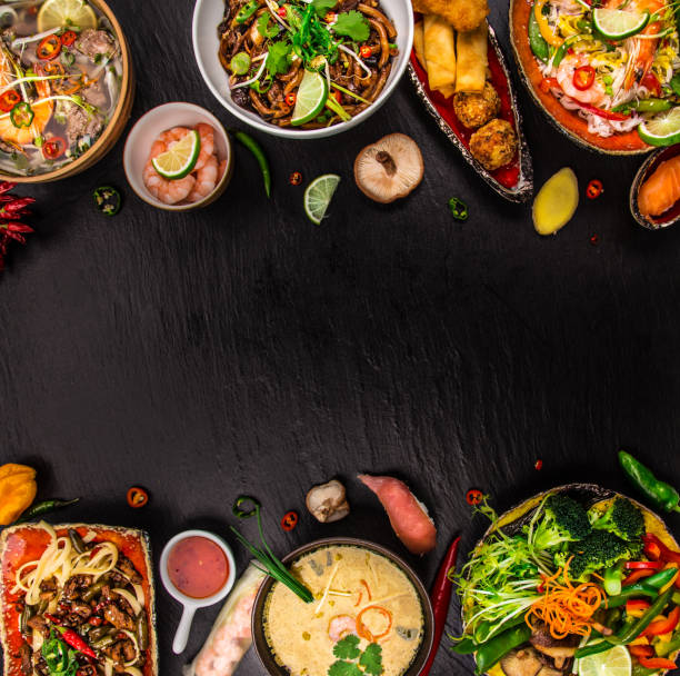 istock Various of asian meals on rustic background , top view , place for text 856981512