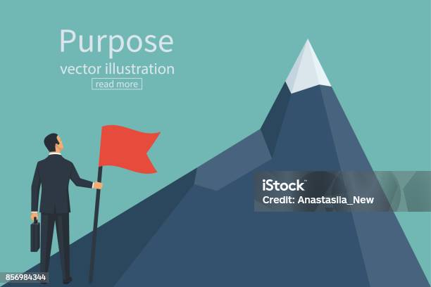 Purposeful Businessman With Flag In Hand Stock Illustration - Download Image Now - Achievement, Mountain Peak, Success