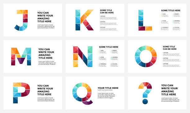 Vector alphabet infographic, presentation slide template. Business infographics concept with letters J, K, L, M, N, O, P, Q, question sign and place for your text. 16x9 aspect ratio Circle arrows diagram for graph infographic presentation with steps parts options. новая компания stock illustrations