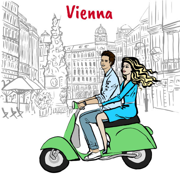 Couple driving scooter in Vienna Couple driving scooter in Vienna, Austria. Hand-drawn illustration. Fashion sketch graben vienna stock illustrations