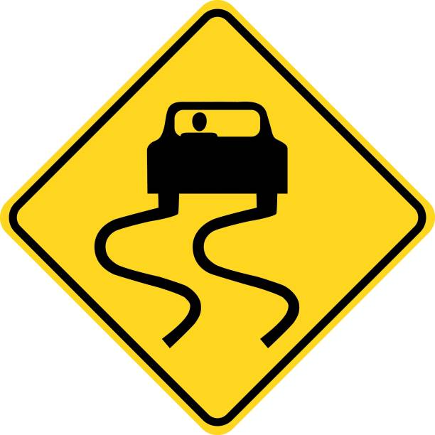 śliski znak ostrzegawczy na drodze - slippery when wet sign stock illustrations