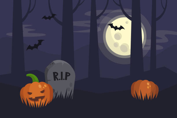 illustrazioni stock, clip art, cartoni animati e icone di tendenza di luna piena notte di halloween, cimitero spettrale scuro e foresta dietro. zucche spaventose che si nascondono nell'erba. illustrazione vettoriale modificabile piatta, clipart - gourd halloween fall holidays and celebrations