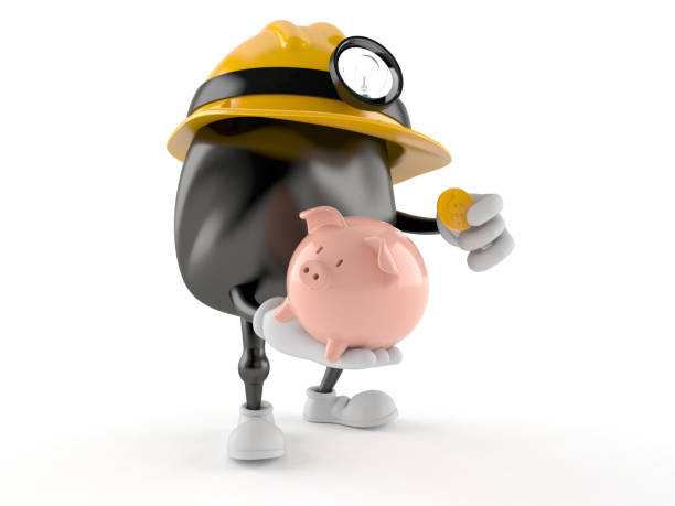 Miner character with piggy bank isolated on white background