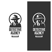Detective agency emblem with abstract man head in hat. Design elements for labels, icons, badges. Vintage vector illustration.