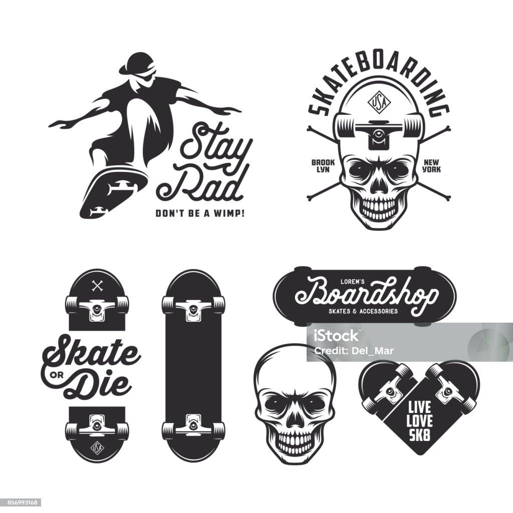 Skateboarding juego de insignias etiquetas. Ilustración vintage vector. - arte vectorial de Monopatín - Actividades recreativas libre de derechos