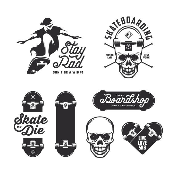 ilustraciones, imágenes clip art, dibujos animados e iconos de stock de skateboarding juego de insignias etiquetas. ilustración vintage vector. - skateboarding