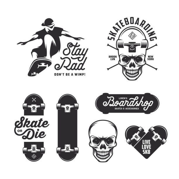 Skateboarding labels badges set. Vector vintage illustration. Skateboarding labels badges set. Quotes about skating. Skat of die. Live love sk8. Design elements for posters, t-shirt prints, emblems. Vector vintage illustration. skateboard tattoo stock illustrations