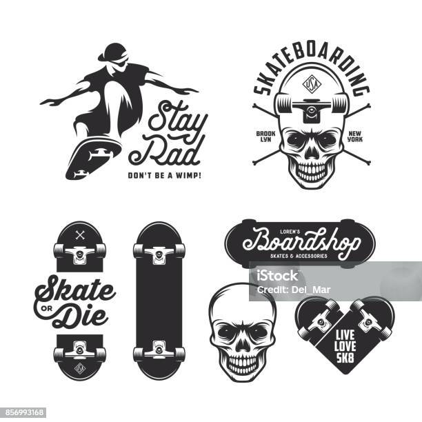 Skateboarding Labels Badges Set Vector Vintage Illustration Stock Illustration - Download Image Now