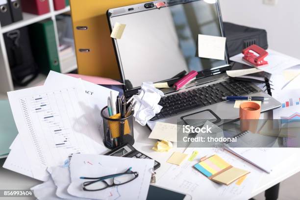 Messy And Cluttered Desk Stock Photo - Download Image Now - Messy, Chaos, Home Office