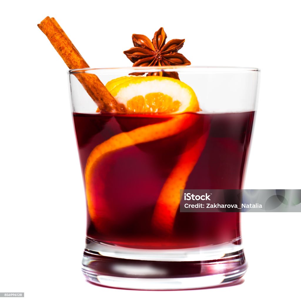 Christmas mulled wine isolated on white background. Red Hot  wine or gluhwein with spices Mulled Wine Stock Photo