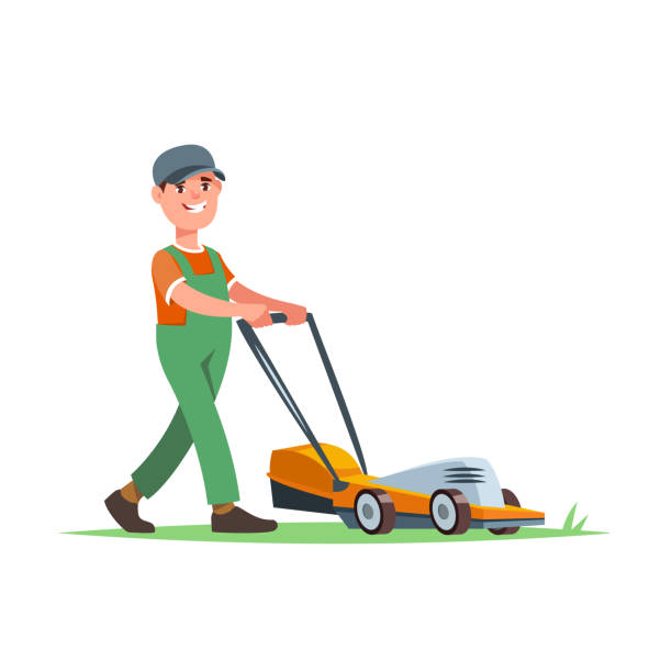 Landscape Gardener works Vector illustration gardener with lawn mower isolated. Garden works and equipment lawn mower clip art stock illustrations