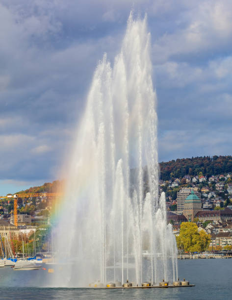 istock Fountain on Lake Zurich in the cloudy evening 856996904