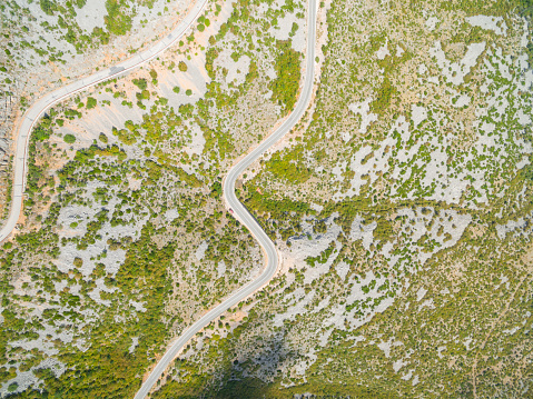 Aerial view of curved roads in mountains.