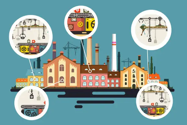 Vector illustration of Factory with Line of Production in Bubbles