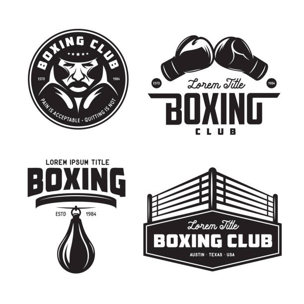 ilustraciones, imágenes clip art, dibujos animados e iconos de stock de etiquetas club de boxeo establece. ilustración vintage vector. - boxing ring combative sport fighting conflict