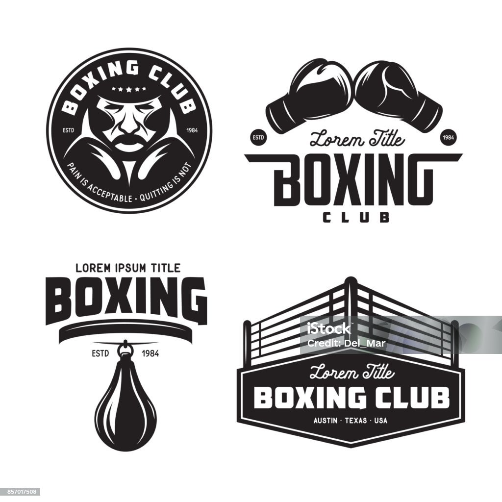 Boxing club labels set. Vector vintage illustration. Boxing club labels emblems badges set. Boxing related design elements for prints, icons, posters. Vector vintage illustration. Boxing - Sport stock vector