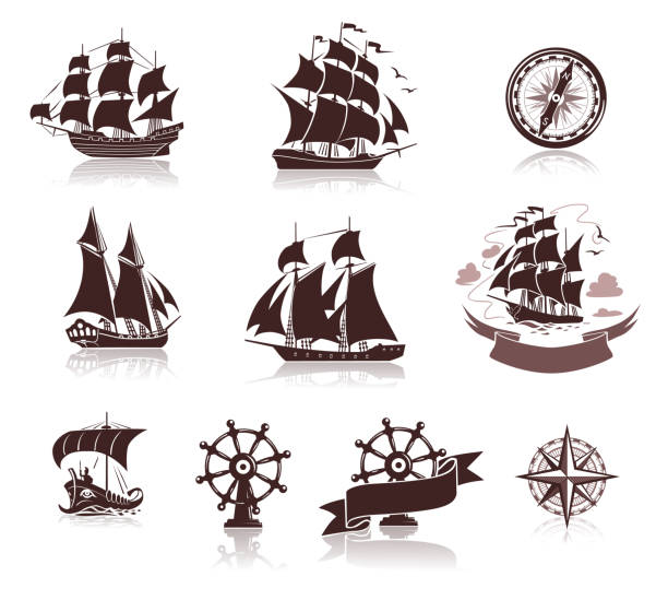 segelschiffe, silhouetten und marine symbole iconset - piratenschiff stock-grafiken, -clipart, -cartoons und -symbole