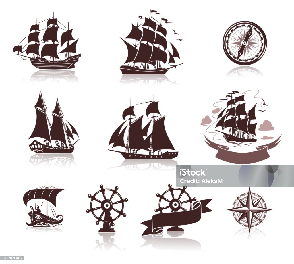 Sailing ships  silhouettes  and marine symbols iconset Set of various boats  silhouettes and marine symbols, EPS10 with transparent elements Tall Ship stock vector