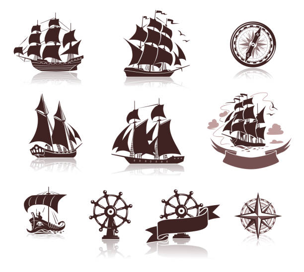 Sailing ships  silhouettes  and marine symbols iconset Set of various boats  silhouettes and marine symbols, EPS10 with transparent elements ship stock illustrations