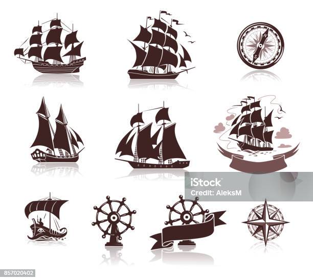 Sailing Ships Silhouettes And Marine Symbols Iconset Stock Illustration - Download Image Now