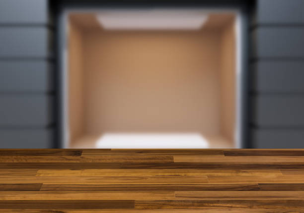 istock The wooden table. Blurred interior. Empty shop window 857021112