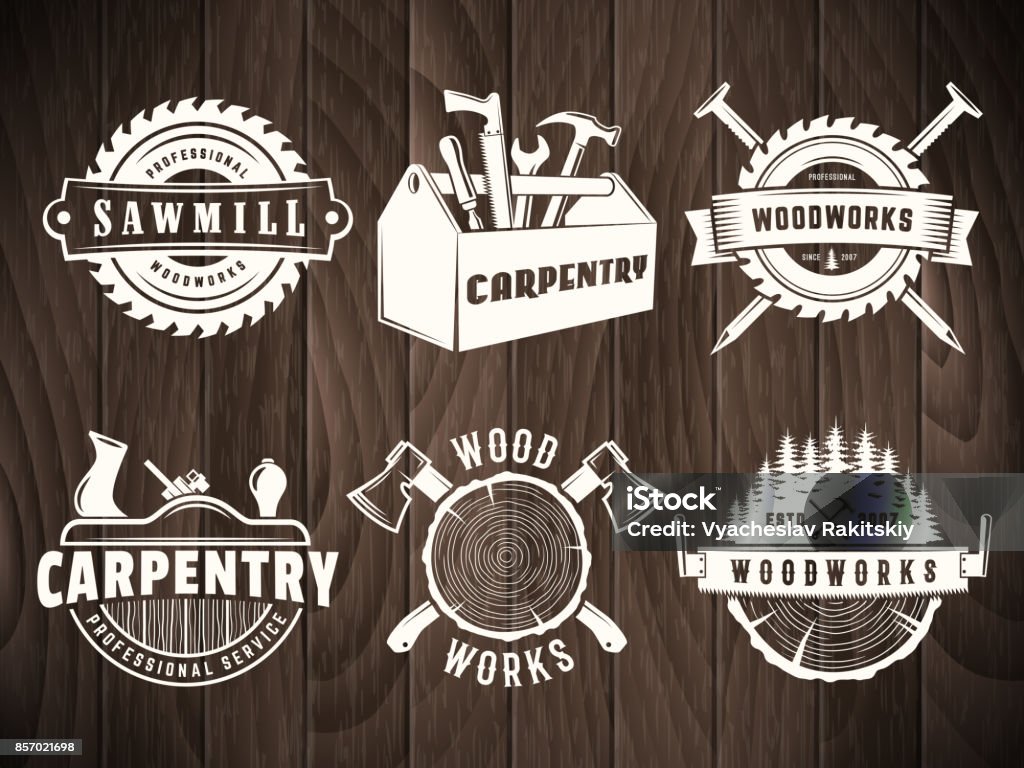 Vector woodwork badge Woodwork badges. Vector icons for carpentry, sawmill, lumberjack service or woodwork shop. Set of labels on vintage wooden background. Carpentry stock vector