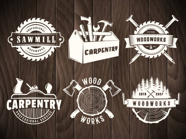 Vector woodwork badge Woodwork badges. Vector icons for carpentry, sawmill, lumberjack service or woodwork shop. Set of labels on vintage wooden background. carpenter stock illustrations