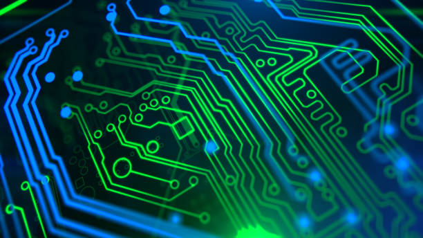 istock Blue, green neon background with digital integrated network technology. 857021712