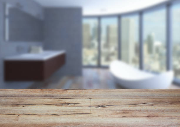 istock The wooden table. Blurred interior. Bathroom 857021868