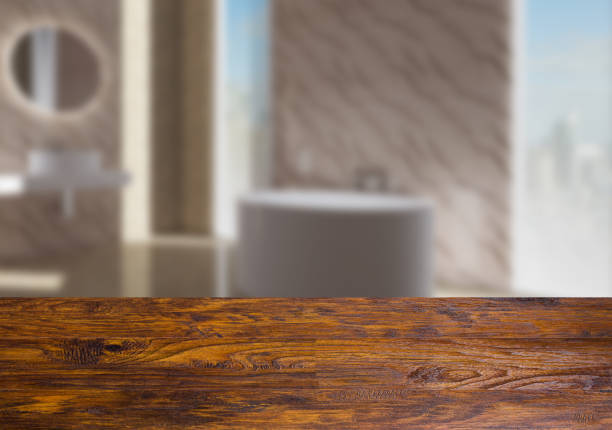 istock The wooden table. Blurred interior. Bathroom 857021908
