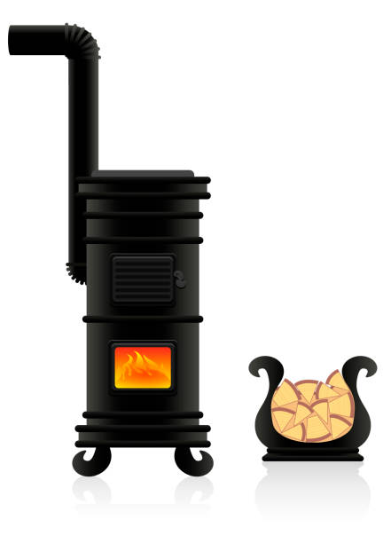 istock Potbelly stove - antique cast iron stove with flames at the viewing window, plus vessel for firewood. Isolated vector illustration on white background. 857024424