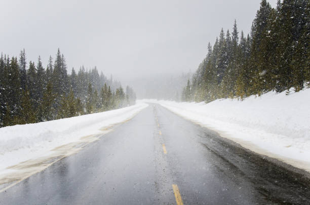 route de montagne déserte pendant une tempête de neige - asphalt two lane highway natural phenomenon fog photos et images de collection