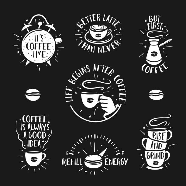 Hand drawn doodle style coffee posters set. Vector vintage illustration. Hand drawn doodle style coffee posters set. Hand crafted design elements for prints, wall decoration advertising. Coffee shop labels collection. Quotes about coffee. Vintage vector illustration. energy conservation posters drawing stock illustrations