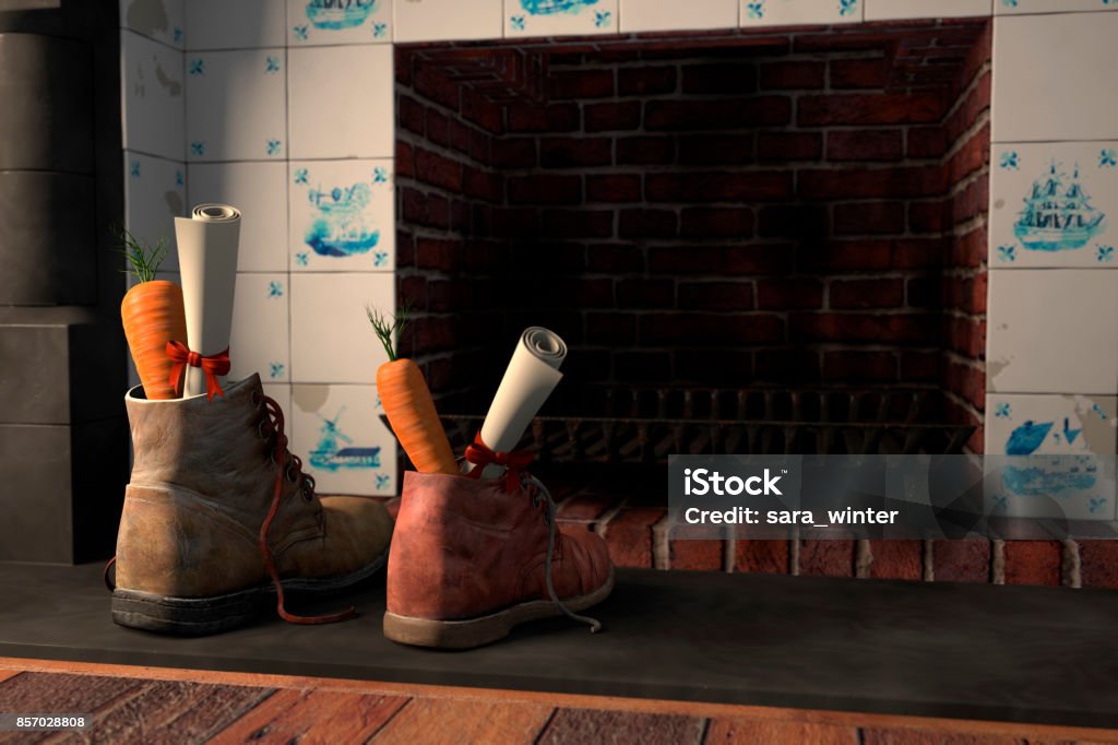 Shoes by the fireplace for the Dutch holiday Sinterklaas Shoes with carrots by the fireplace, or 'schoen zetten' for the traditional Dutch holiday Sinterklaas. Sinterklaas Stock Photo