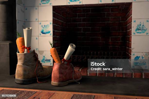 Shoes By The Fireplace For The Dutch Holiday Sinterklaas Stock Photo - Download Image Now