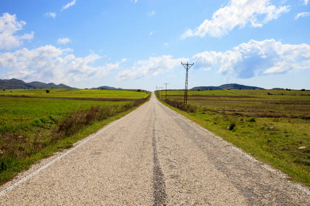 Asphalt road in green fields on blue cloudy sky background, Gokceada, TURKEY