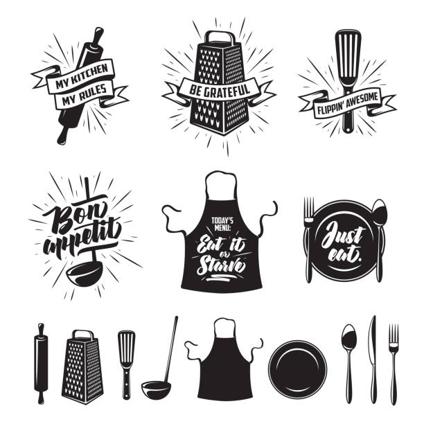 ilustrações de stock, clip art, desenhos animados e ícones de kitchen cooking prints set. vector vintage illustration. - table knife illustrations