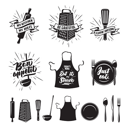 Kitchen prints set. Quotes and funny sayings about food cooking. Monochrome kitchenware objects set. Restaurant advertising posters collection. Vector vintage illustration.