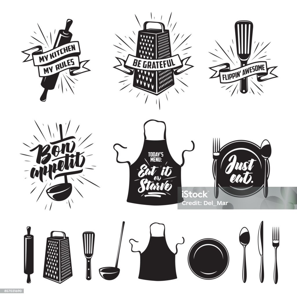 Kitchen cooking prints set. Vector vintage illustration. Kitchen prints set. Quotes and funny sayings about food cooking. Monochrome kitchenware objects set. Restaurant advertising posters collection. Vector vintage illustration. Cooking stock vector