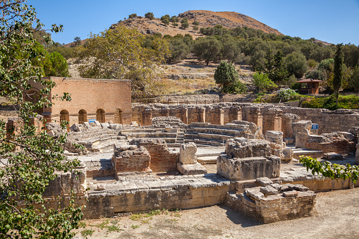Ancient Odeon in Gortyn (Gortys,  Gortyna), Crete, Greece. Built by the Roman emperor Trajan, Gortyn houses stones with the oldest and most complete known example of an ancient Greek law code