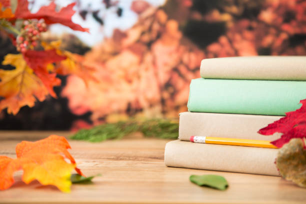 istock Back to school with book stack in autumn season. 857032336