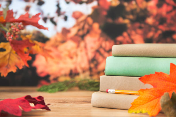 istock Back to school with book stack in autumn season. 857032532