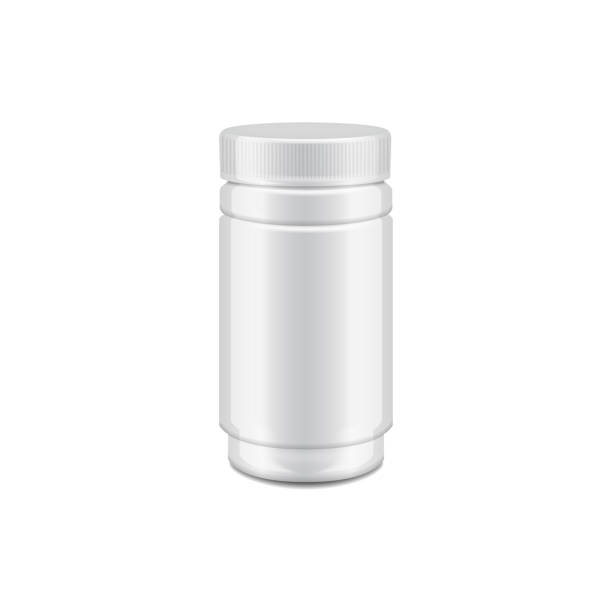 istock Vector template of white plastic bottle with screw cap for medicine, pills, tabs. Packaging mock up illustration 857035384