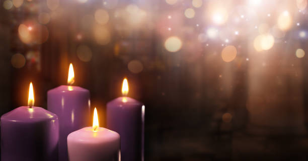 Advent Candles In Church Three Purple And One Pink As A Catholic Symbol advent photos stock pictures, royalty-free photos & images