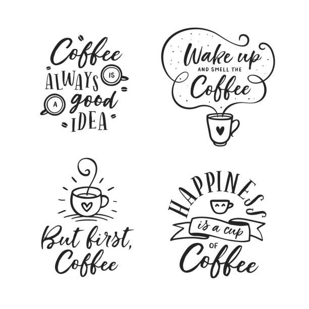 Hand drawn coffee related quotes set. Vector vintage illustration. Hand drawn coffee related popular quotes set. But first coffee. Handwritten lettering design elements for cafe decoration and shop advertising. Vector vintage illustration. energy conservation posters drawing stock illustrations