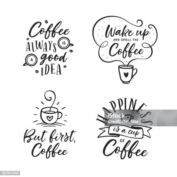 Hand Drawn Coffee Related Quotes Set Vector Vintage Illustration Stock Illustration - Download Image Now