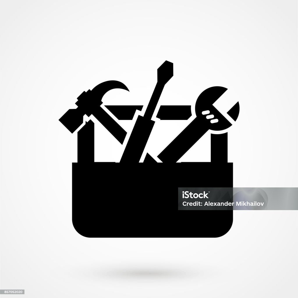 Vector negro caja de herramientas con el icono de herramientas en blanco - arte vectorial de Caja de herramientas libre de derechos