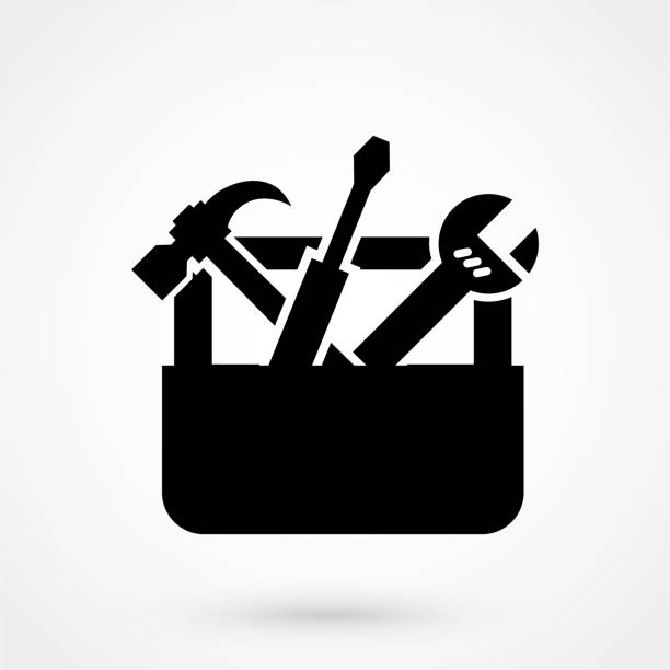 ilustrações de stock, clip art, desenhos animados e ícones de vector black toolbox with tools icon on white - repairing